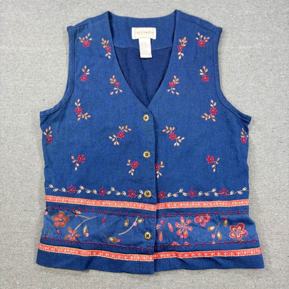 Vintage Napa Valley Vest Women Petites Small Floral Embroidered Sequin Button Up